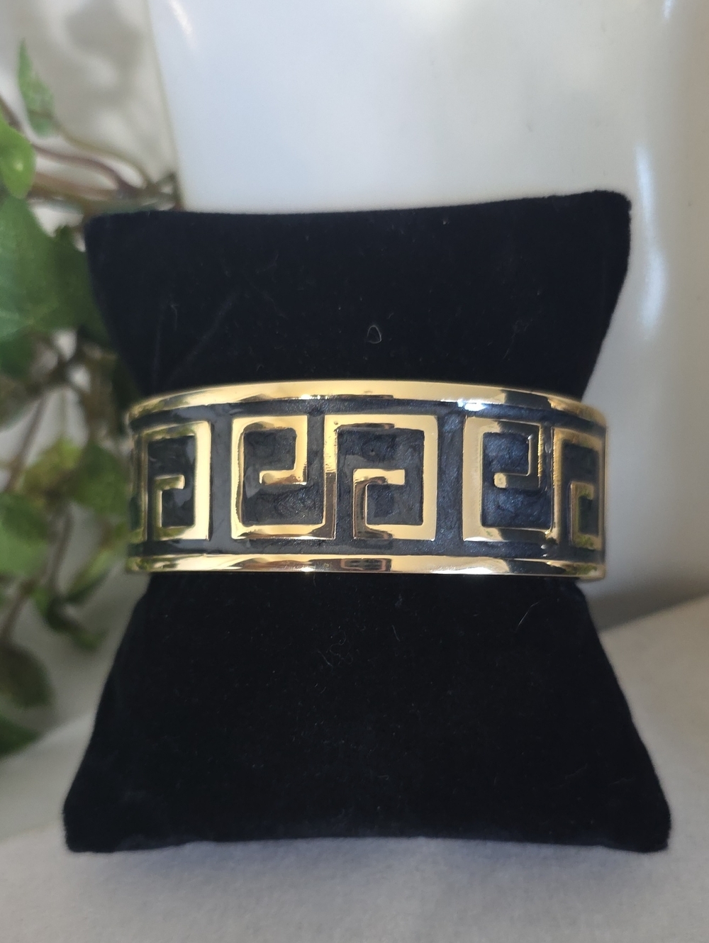 Gold Filled Greek Key Clamper Hinge Bracelet Gold And Black Enamel